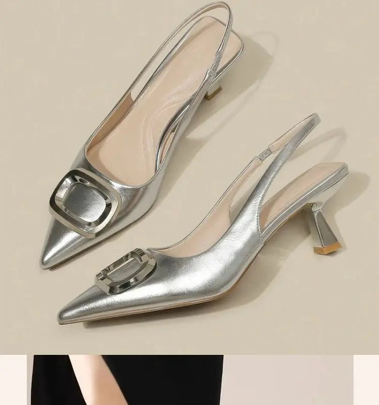 Brand Woman Slingback Shoes FashionSpring New Ladies High Heels Elegant Med Heel Pointed Toe Slip on Sandal Mules