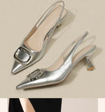 Brand Woman Slingback Shoes FashionSpring New Ladies High Heels Elegant Med Heel Pointed Toe Slip on Sandal Mules