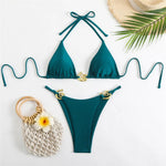 Dark Brown String Halter Micro Thong Bikinis Sets Sexy Swimsuit Women 2026 Metal Ring Holiday Swimwear Beach Wear Bikini Mujer