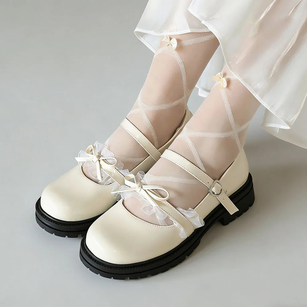 2026 Plus size 47 Sweet Blue Lace Ruffles Mary Janes Shoes Women Gothic Black Bow Knot Cute Lolita Cosplay Flats Casual Shoes