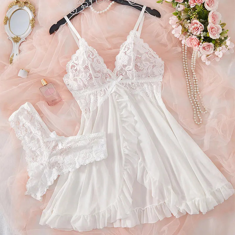 Sexy Sleepwear For Sleeping Night Dress Women Lingеrie Sets Deep V Slip Nightgowns And Panties Lace Ruffle Trim Underwear Pajama