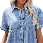 Faux Denim Button-down Mini Dress Women Summer Dress Short Sleeves A-line Lapel Patchwork Dress for Dating Commuting Party