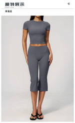 Yoga Set for Women High Waist Hip Lifting Tight Mid Pants Fitness Suit Short Sleeve O Neck Slimming Sports T Shirt Athletic Wear