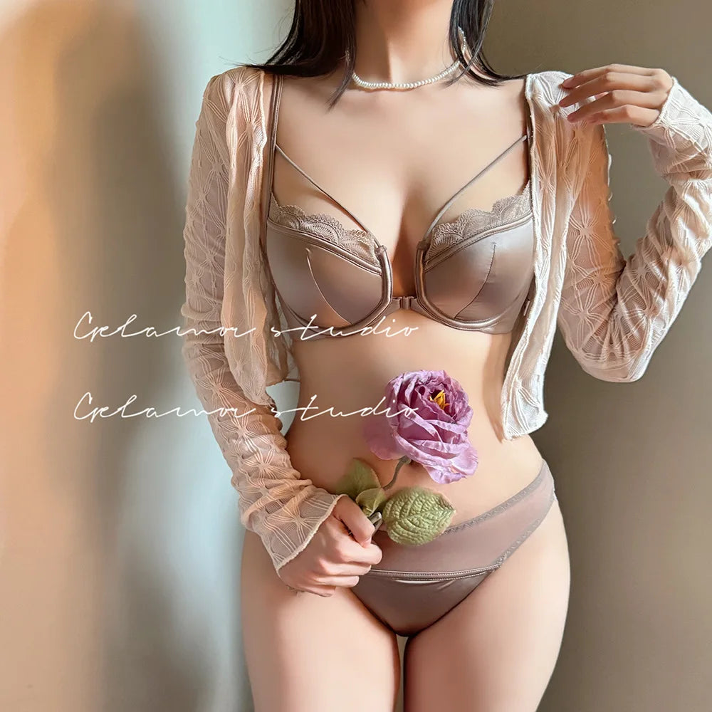 French Front Button Lace Bra Set for Women Sexy Spaghetti Strap Thin Push Up Bra Breast Collection Smooth Brief Sets Lingerie