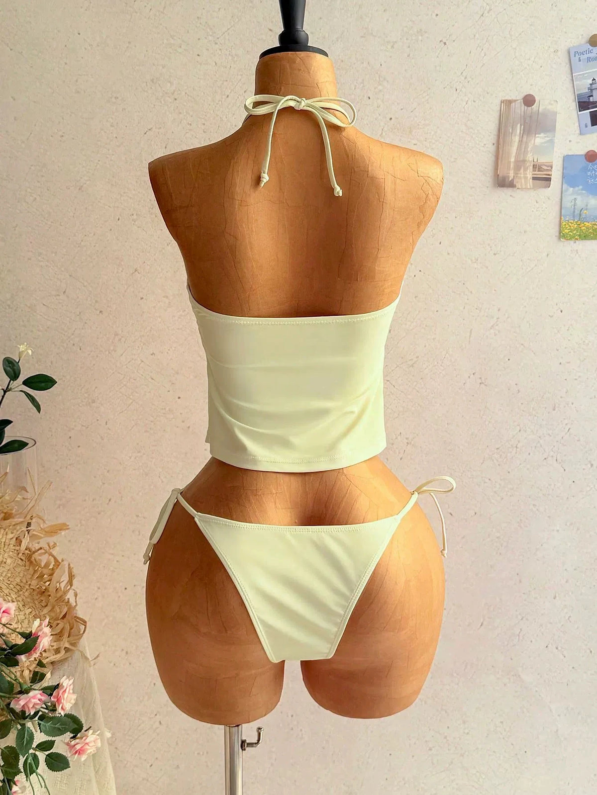DEKA Brazilian Lace-up Bikini Set Lady Yellow Swimwear Women Strapped Print Tankini Set Backless Swimsuit Summer Beach Bath Suit