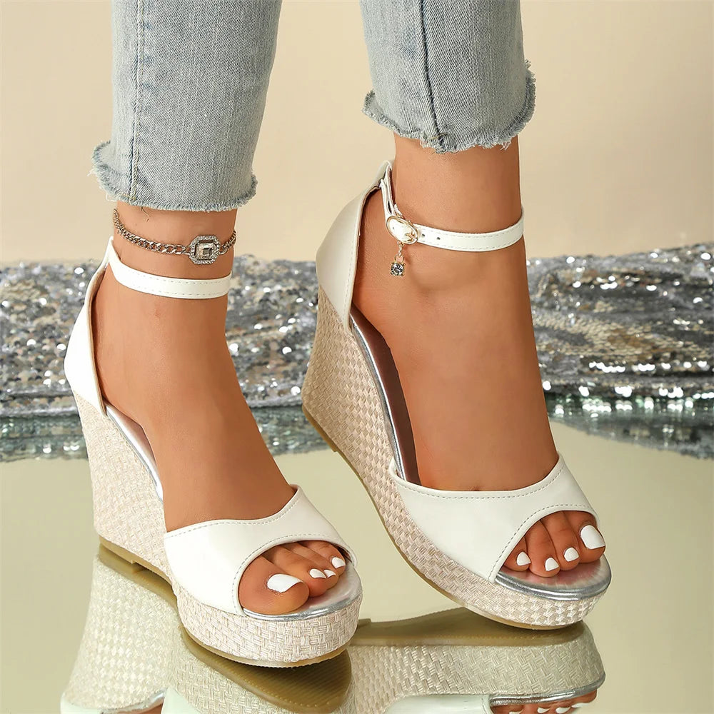 EUR Size 43 Leisure Espadrille Wedge Sandals Women Summer Chunky High Heels Shoes Silver White Platform Ankle Strap Sandals
