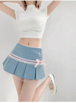 Striped Contrasting Color Bow Lace Splicing Pleated Skirt Women 2026 Summer American Style Low WaistA-line Short Skirt UBFK