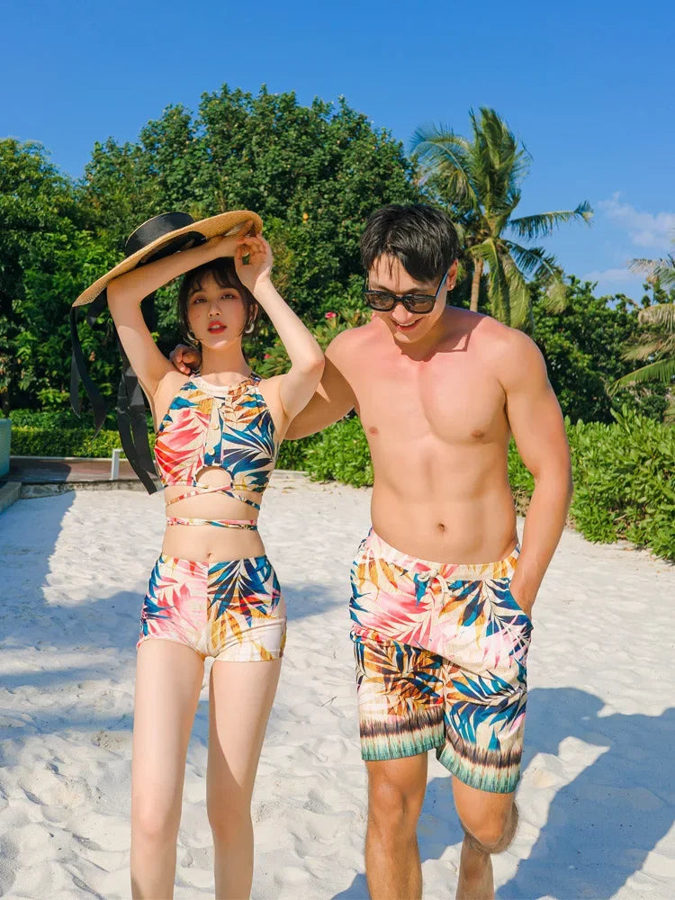 Print High Waist High Neck Swimsuit 3 Pcs Bikini Set Women Men's Swim Shorts Summer Surfing Suit Couples Bathing Suit Holiday