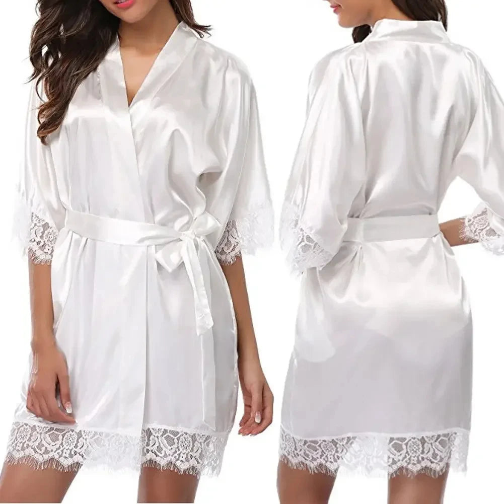 WomenElegant Lightweight Black Satin Robe with Delicate Lace Trim Perfect for Lounging Sleepwear or Bridesmaids