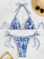 Blue Floral Print 2 Piece Micro Bikini Set for Women 2025 New Push Up Bra Thong Swimsuit Beach Bathing Suit Holiday Swimwear