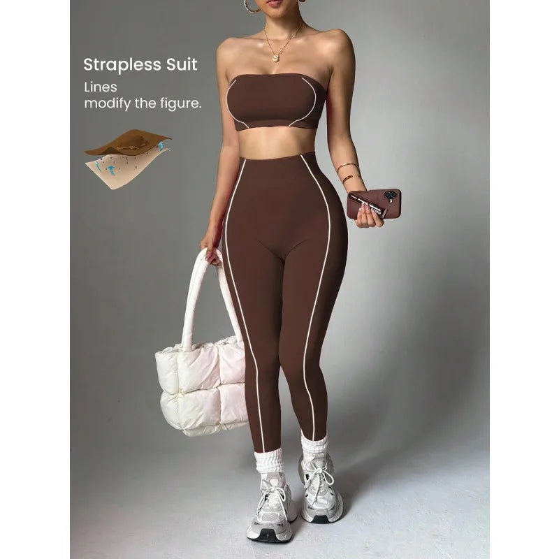 Women Strapless Bandeau Sports Bra Seamless High Waist Yoga Leggings Set Padded Workout Fitness Gym 2 Piece Outfits