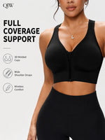 QIW Women's Zip Front Solid Color Sports Bra, Crisscross Back Wireless Bra, Removable Padded Comfort Everyday Workout Bra