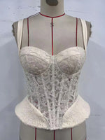 Sexy Beige Floral Embroidered Lace Fishbone Vest Women Summer Strap Underwire Slim Ruffles Tank Tops Lady Club Party Camisole
