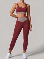 Summer Color-block Yoga Sets Women Thin Strap Open Back Shockproof Sports Bra Tight High Waist Leggings Training Fitness Suits
