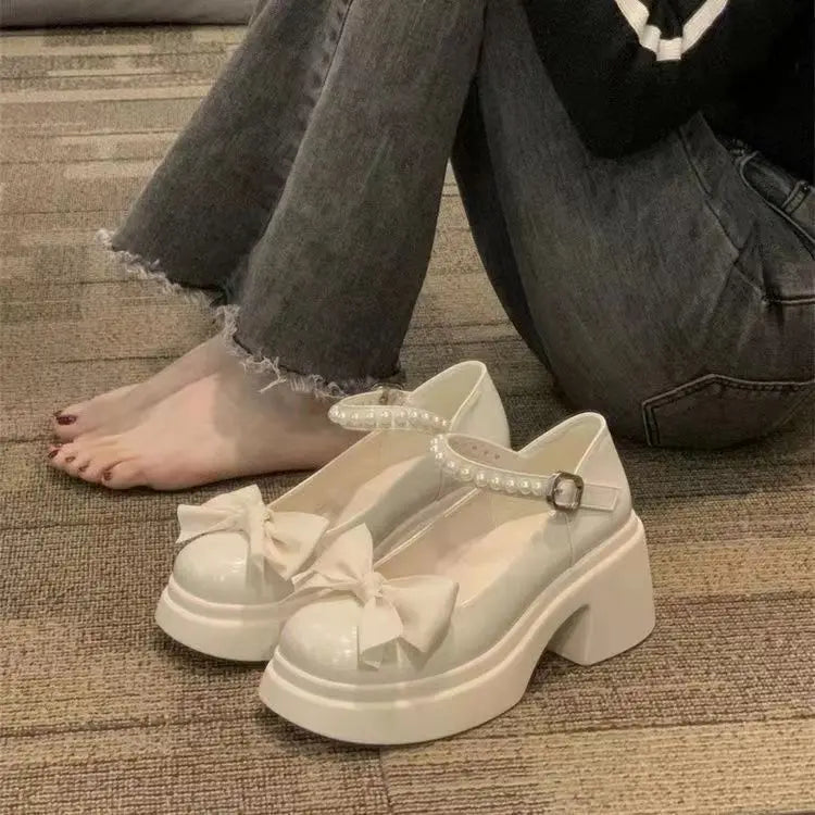 Women's Pearl Bow Platform Mary Jane Shoes Chunky Block Heel Sweet Lolita Japanese Style Casual Dress Shoes