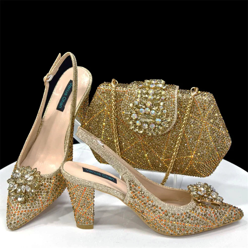 Doershow beautiful Italian Shoes And Bag Sets For Evening Party With Stones Italian Leather Handbags Match Bags! 1-30