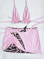 2026 Summer Leopard Print 3 Pieces Suit Swimwear Reversible Sexy Halter Lace-up Bikini Set Drawstring Skirt Cover Up Beachwear
