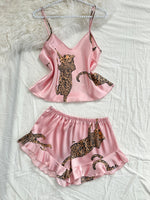 Women's Two Piece Pajama Set Leopard Print Ruffle Cami Top with Shorts Sleepwear Loungewear