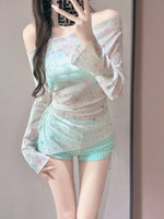 Long Sleeved Sun Protection Star Print Cover Up 3 Piece Bikini Set Swimwear Women Drawstring Side Holiday High Waist Swimsuit
