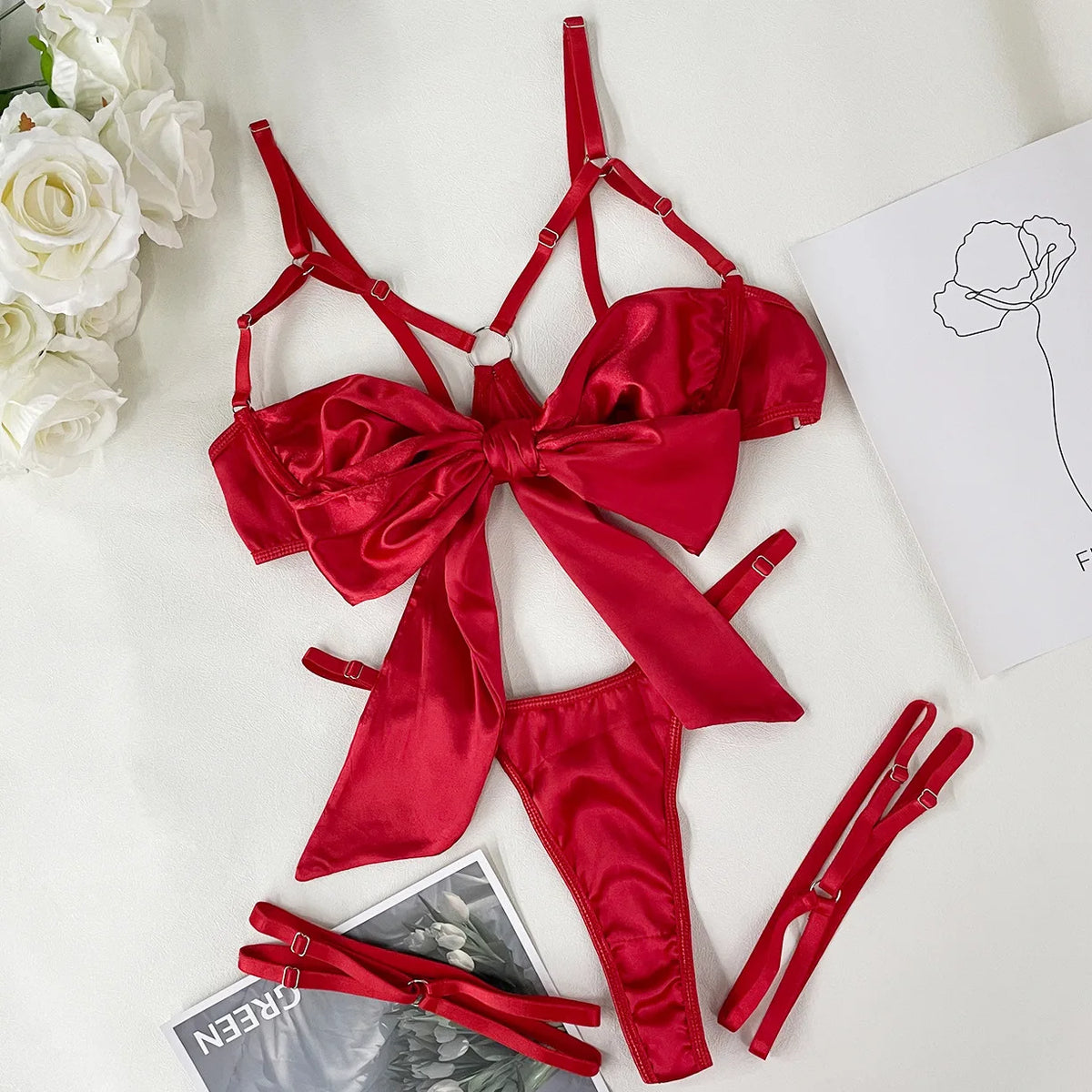 Women's 3 Piece Lingerie Set Sexy Hollow Out Satin Bow Tie Bra and Panty Set with Thigh Straps