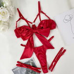 Women's 3 Piece Lingerie Set Sexy Hollow Out Satin Bow Tie Bra and Panty Set with Thigh Straps