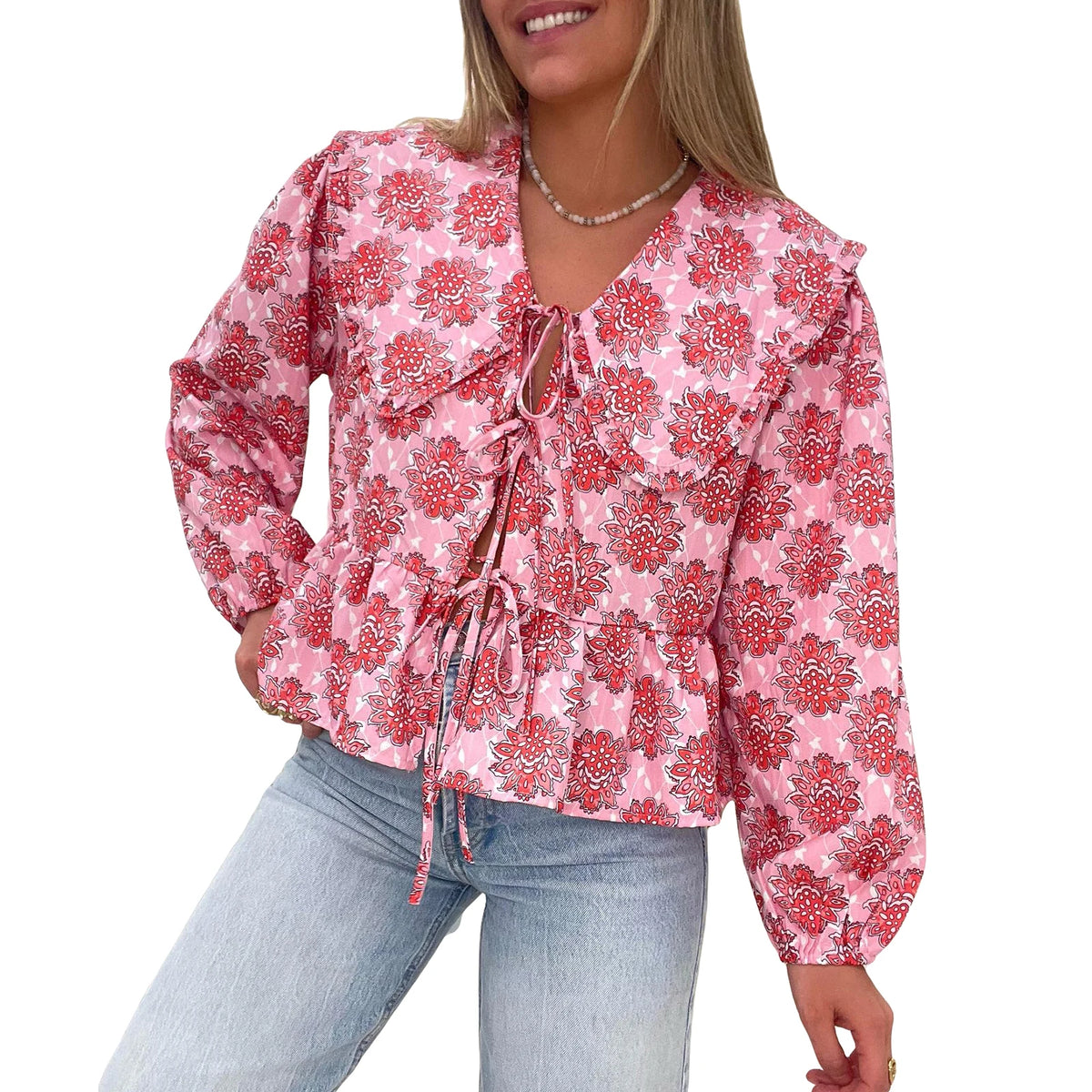 Floral Print Babydoll Tops for Women Casual Loose Doll Collar Open Front Tie-Up Ruffled Hem Long Sleeve Blouse for Fall