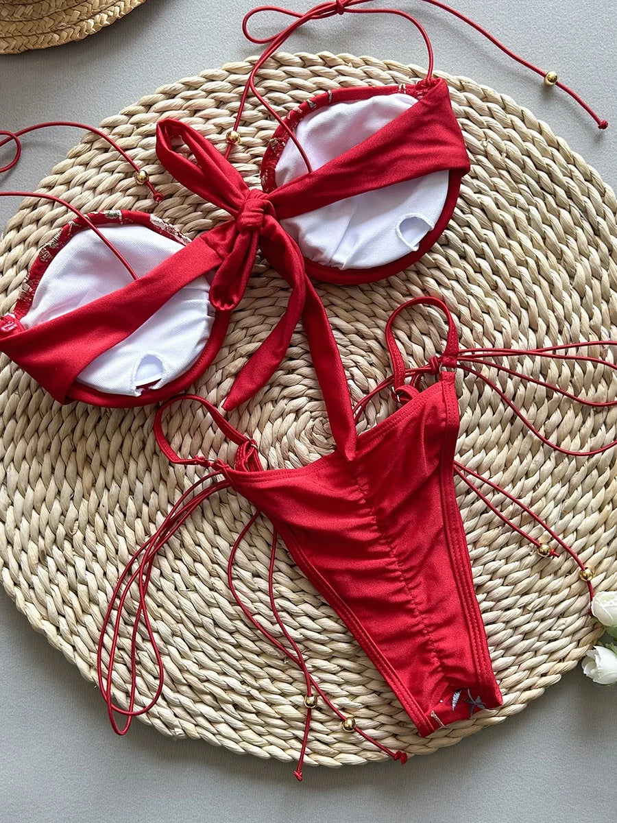Sexy Pink Flower Embroidery Print Swimsuit Women 2025 Sexy Underwire Drawstring Bikini Set Summer Beach Bathing Suit Swimwear