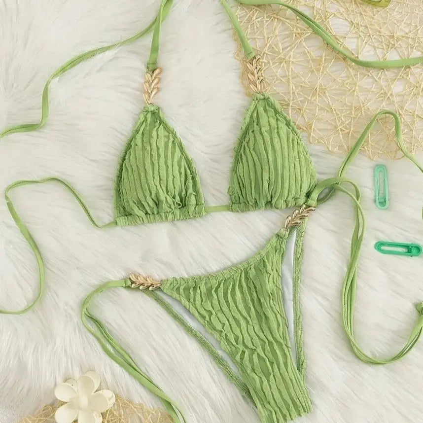 DEKA Chain Triangle Halter Backless Bikini Set New Solid Color 2 Piece Lace-up Swimsuit Sexy Thong Bathing Suit Swimwear