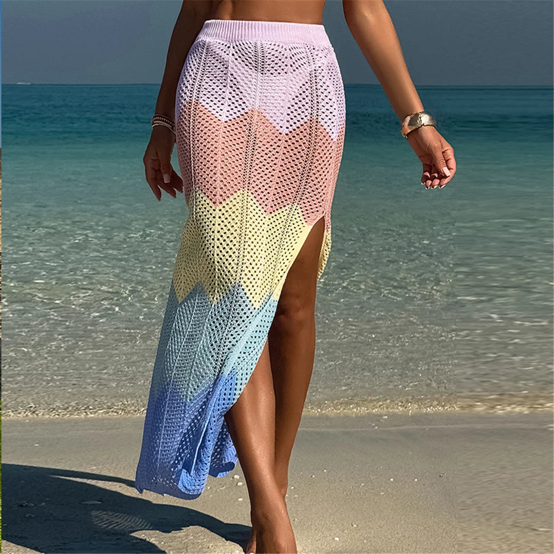 New Colorful Hollow Out Knitted Tunic Beach Cover Up Cover-ups Beach Dress Beach Wear Beachwear Long Skirt Female Women K6588