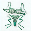 Dark Green Sheer Mesh Lingerie Set Floral Embroidery Crystal Clasp Bra Ribbon Bow Side‑Tie Thong For Ladies ZA825201