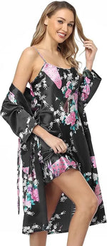 Women's Floral Satin Kimono Robe and Nightgown Set with Camisole 2 Piece Sleepwear Peacock Bathrobe