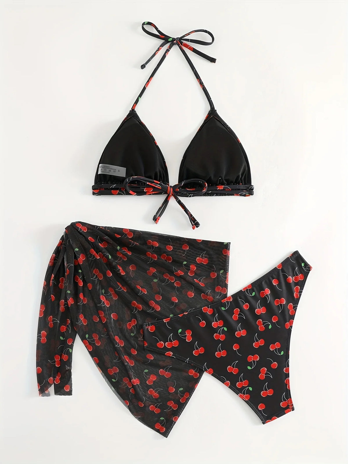With Mesh Skirt Cherry Printed Bikini Female Swimsuit Women Swimwear Three Pieces Bikini Set Halter Bathing Suit Swim Beachwear