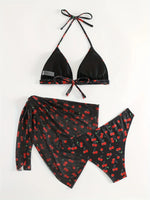 With Mesh Skirt Cherry Printed Bikini Female Swimsuit Women Swimwear Three Pieces Bikini Set Halter Bathing Suit Swim Beachwear