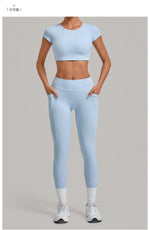 Yoga Set Women's Tracksuit Short Sleeve Back Hollow Out Sports Top Athletic Wear Tight High Waist Pocket Leggings Fitness Suits