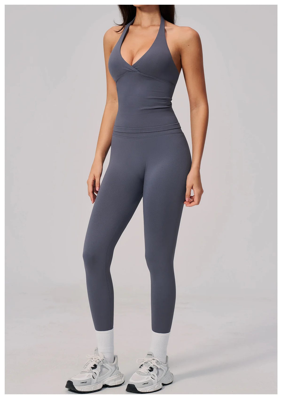 Summer Seamless Yoga Sets Women V Neck Slim Sports Tank Top Fitness Suit Peach Hip High Elasticity Leggings Running Tracksuit