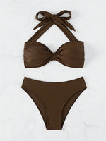 Sexy Front Tie Bikini Set Women Brown Halter Push Up Padded Micro Swimsuit 2025 Summer Bathing Suit High Waist Swimwear Biquini