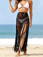 Women's Crochet Knit Skirt High Waist See Through Hollow Out Long Beach Skirt with Tassels Fringe Hem Summer Swim Cover Ups