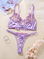 Women Purple Floral Embroidery Lace Lingerie Set Satin Sheer Mesh Bra Thong 2‑Pieces Intimate Underwear ZA825246