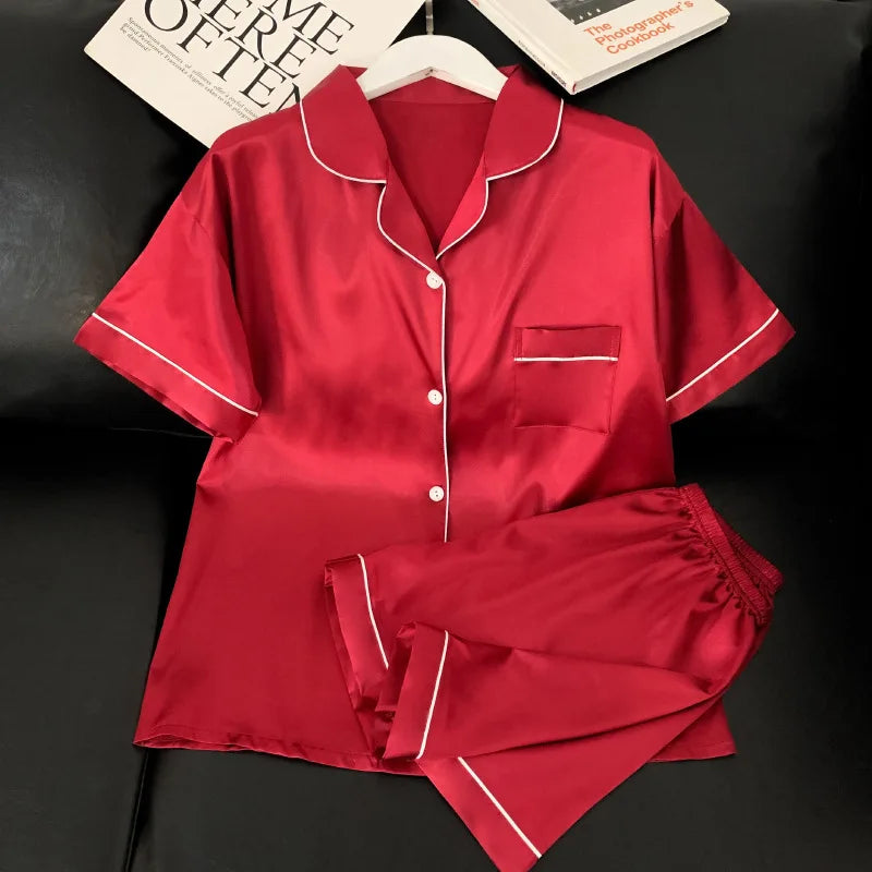 Sweet Simple Ice Silk Pajamas for WomenThin Short-sleeved Home Clothes Suit Nightwear Women's Pajamas Set Nightie Summer