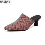 NASBAVI New Breathable Hollow Slippers Stone Pattern Leather Pumps Women Chunky Heels Mules Black Dress Shoes Big Size 45 46 47