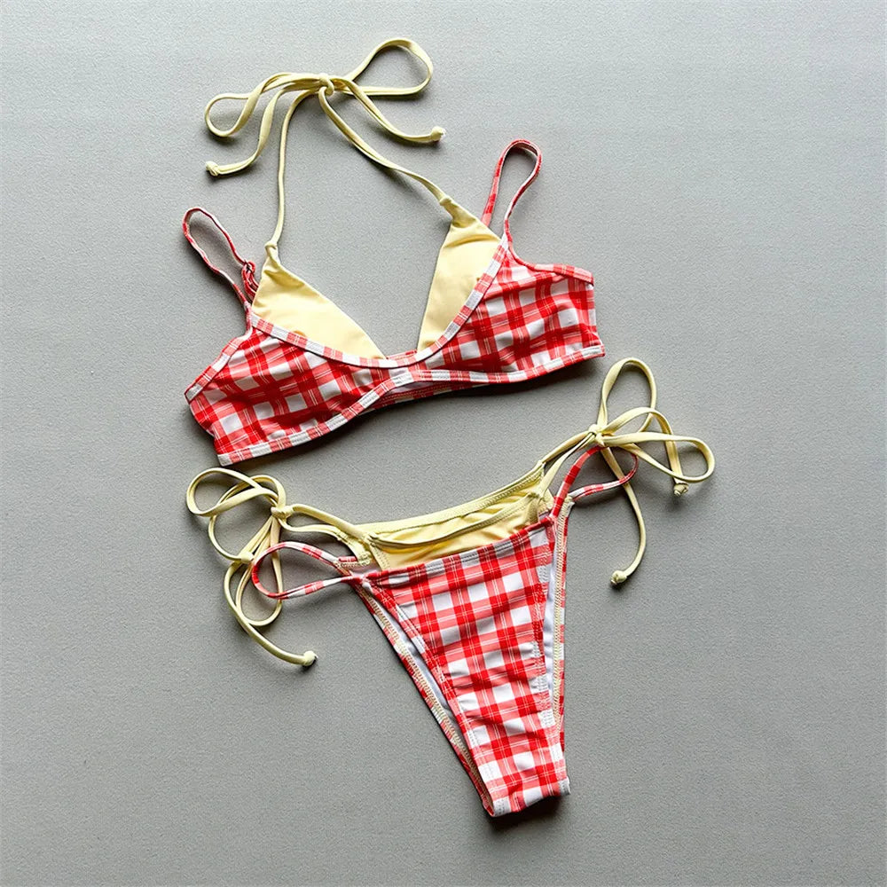 Red Plaid Print Patchwork Swimwear Sexy String Micro Thong Bikinis Sets Swimsuit Woman 2026 Bathing Suit Brazilian Bikini Mujer