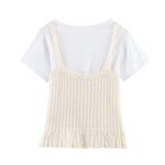 Fashion Casual Hollow-out Knitwear Women Cream White Crochet Knit V Neck Button Front Ruffle Hem Sleeveless Casual Crop Top 38V2