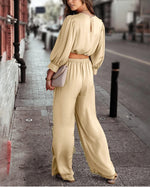 Women's 2-piece casual color Ding set 2024 autumn casual long sleeved top, loose pants can be worn as outerwear home suit set