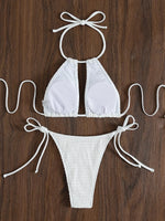 2025 Halter Tie Side Hollow Out Smocked Bikini Women Swimsuit Female Swimwear Two Pieces Bikini Set Swim Bathing Suit Beach Wear
