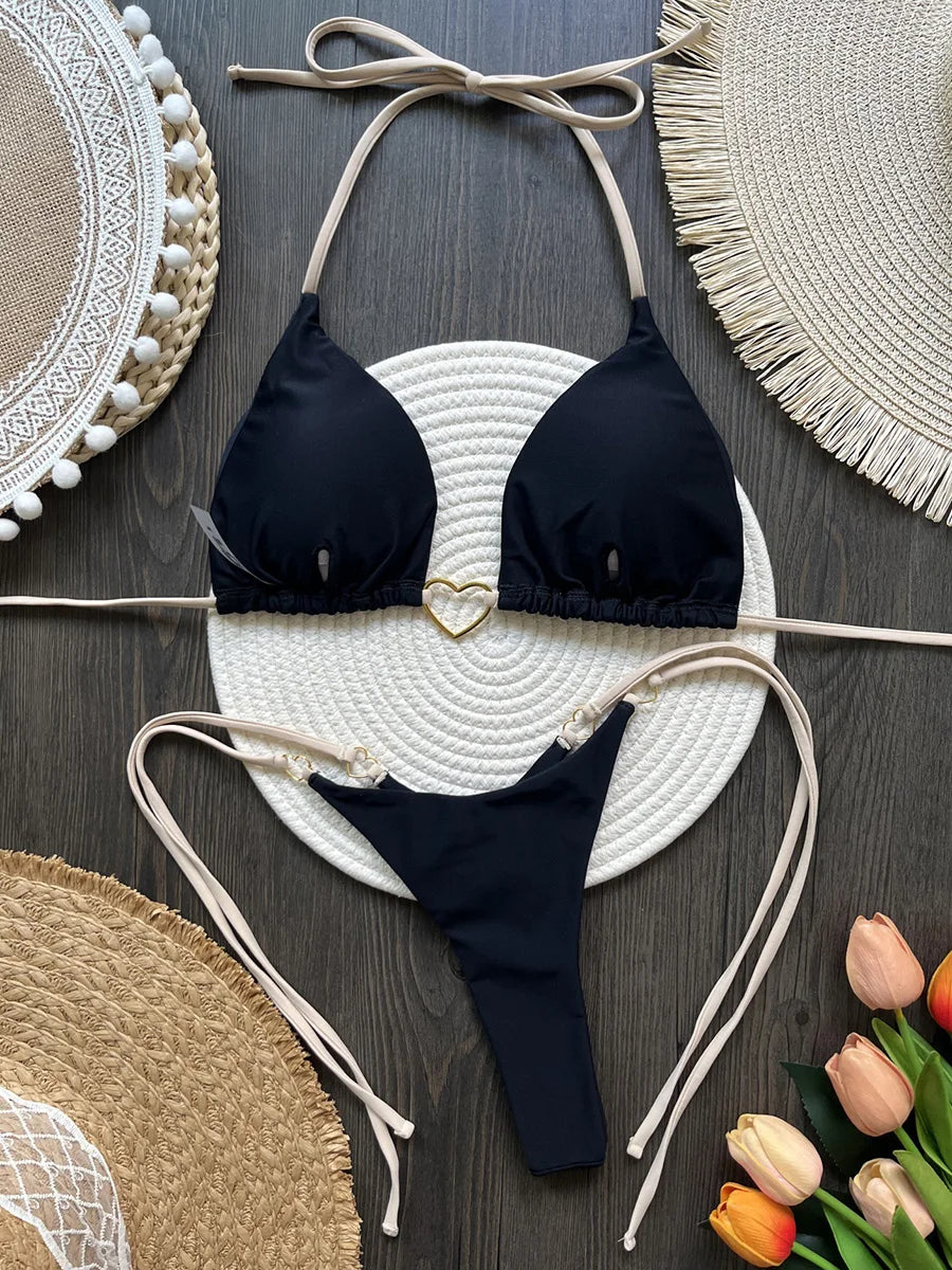 Metal Heart-shaped Halter Mini Micro Thong Bikini Female Swimsuit Women Swimwear Two-pieces Bikini Set Bather Bathing Suit Swim