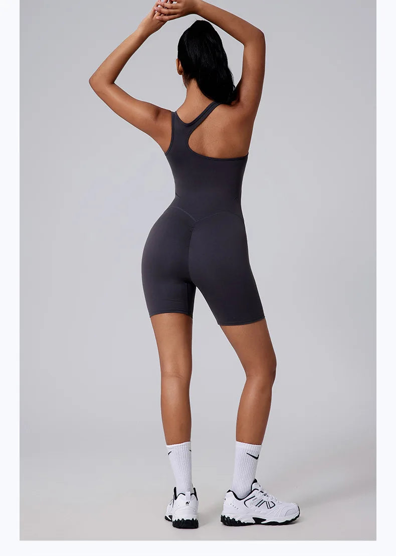 Sexy Fitness Yoga Jumpsuit Women Sleeveless Slim Playsuit Pleated Hollow Running Scrunch Shorts Romper One Piece Sports Suit
