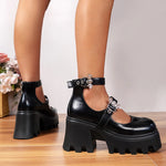Black Chunky High Heels Mary Jane Shoes Women Punk Style Double Buckle Platform Pumps Woman Plus Size 43 Thick Heels Party Shoes