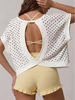Summer Back Hollow Out Yoga T Shirts Women Polka Dot Print Short Sleeve Loose Sports Cover Up Breathable Training Fitness Tops