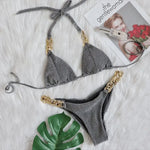 9 Colors Sexy Bikini Women Shining Fabric Golden Rhinestone Chain Swimwear Swimsuit Solid Halter Bikinis Set Bathing Suit Female