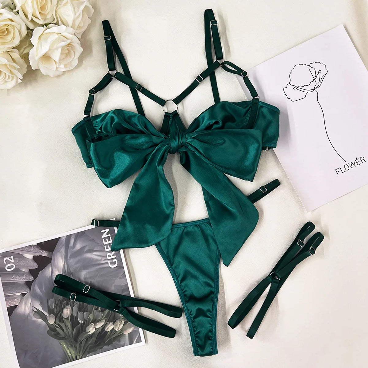 Women's 3 Piece Lingerie Set Sexy Hollow Out Satin Bow Tie Bra and Panty Set with Thigh Straps